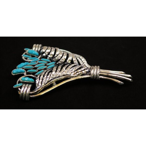 Vintage 1970s Faux Turquoise Bouquet Brooch Silver Tone Floral Statement Pin - Picture 3 of 4